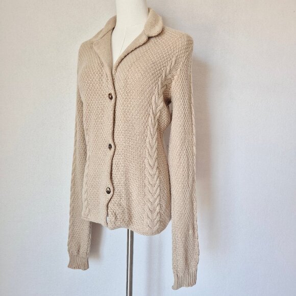 Loro Piana Made in Italy 100% Cashmere Cable Grid Knit Collar Cardigan Beige - Picture 2 of 15